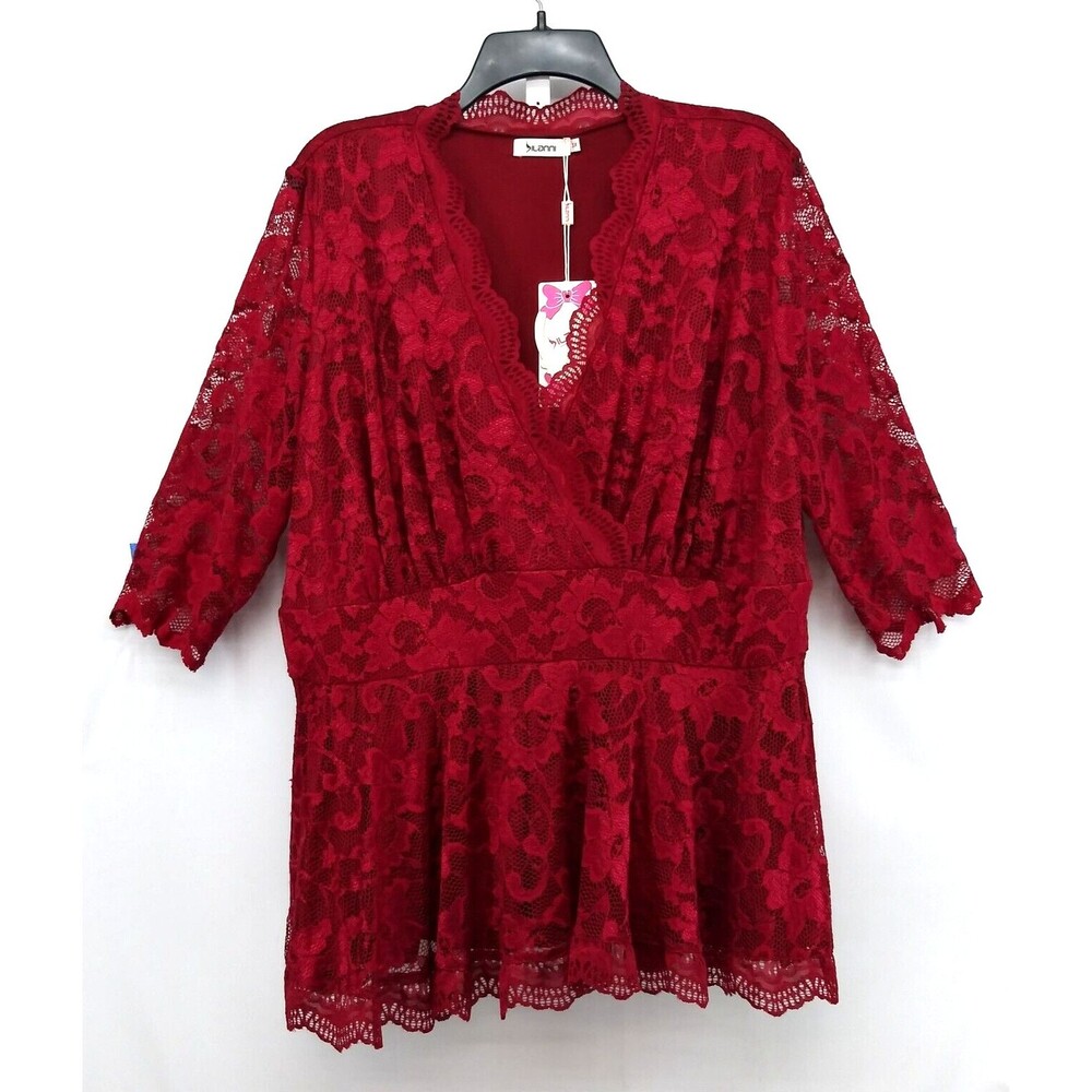 DILANNI Blouse Womens Size 3X Red Floral Lace 3/4 Sleeve Lined Pullover Top NWT